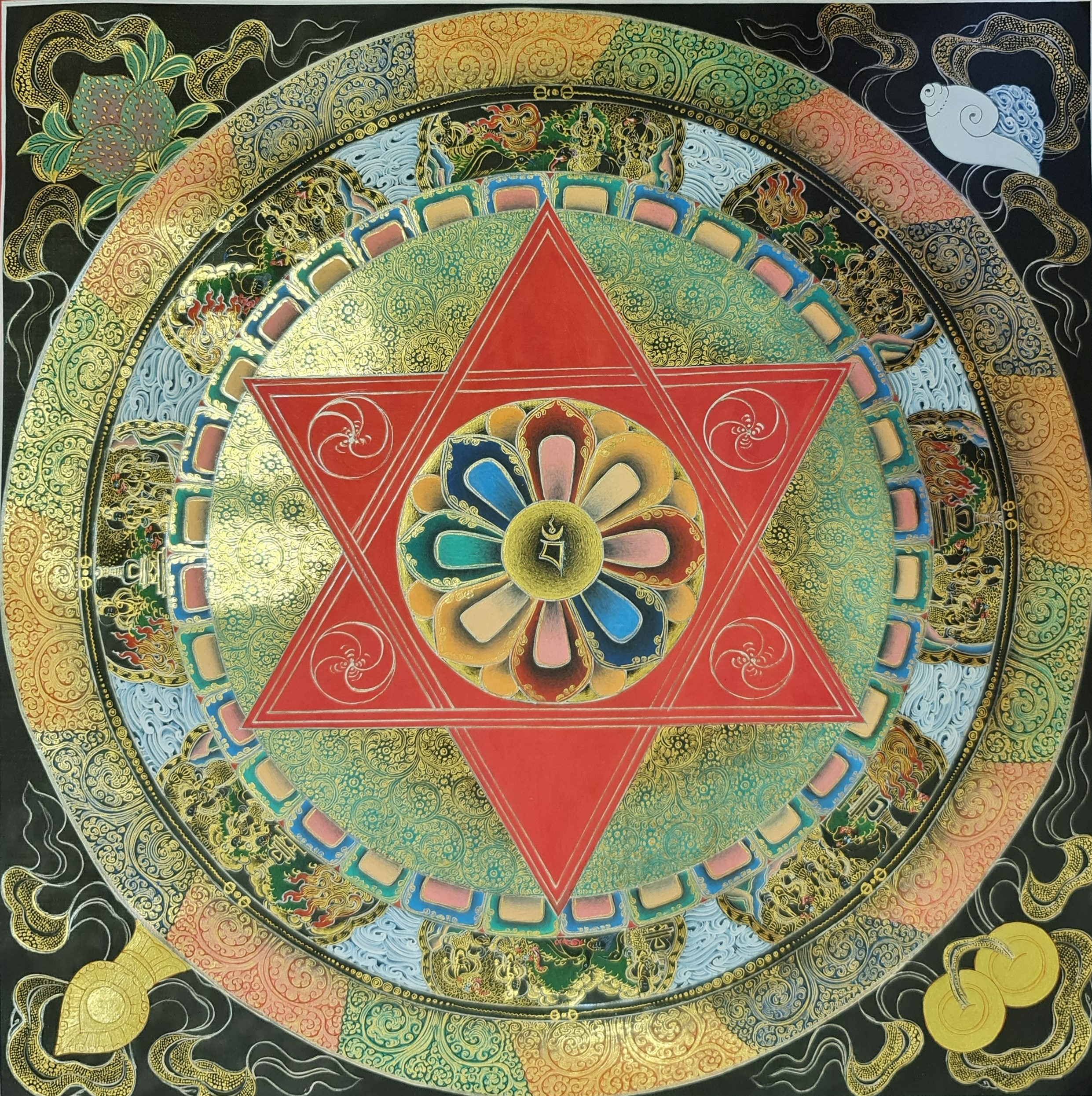 Black and 24 K Gold Mandala Thanka